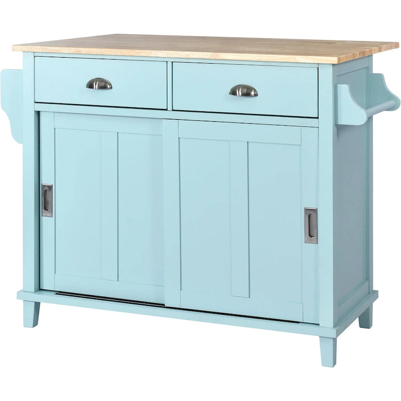 Kitchen Cart with Drop-Leaf Countertop and Sliding Barn Door