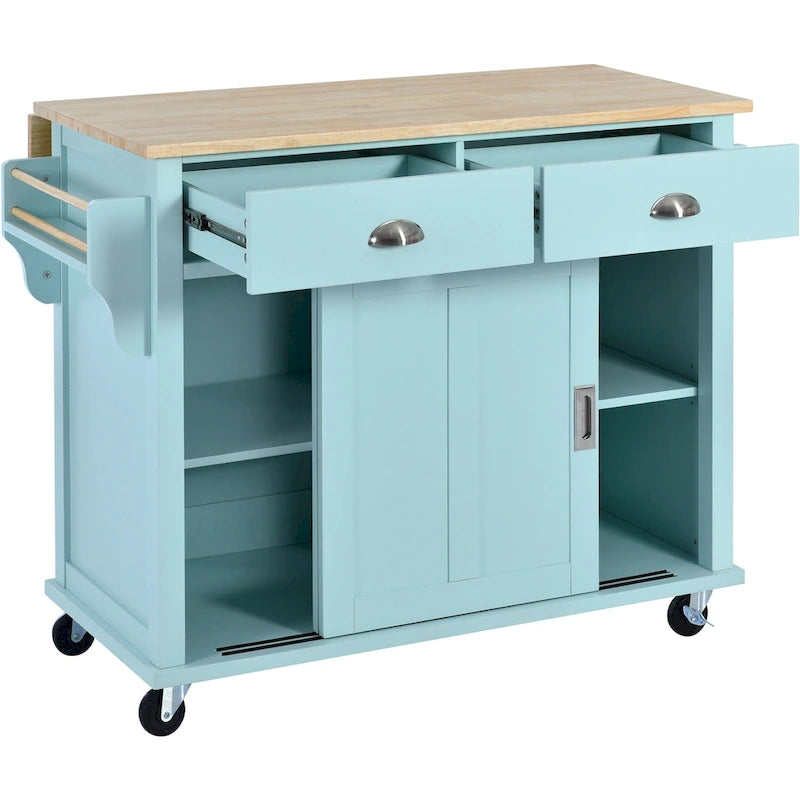 Kitchen Cart with Drop-Leaf Countertop and Sliding Barn Door