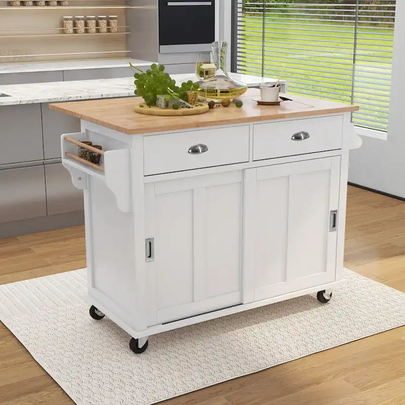 Kitchen Cart with Drop-Leaf Countertop and Sliding Barn Door