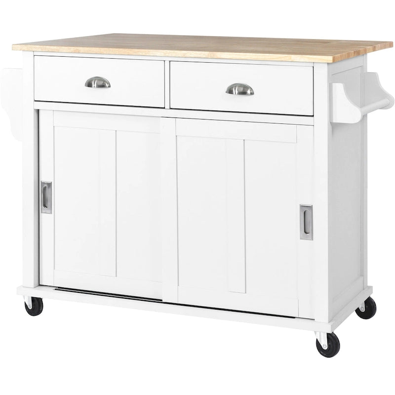 Kitchen Cart with Drop-Leaf Countertop and Sliding Barn Door