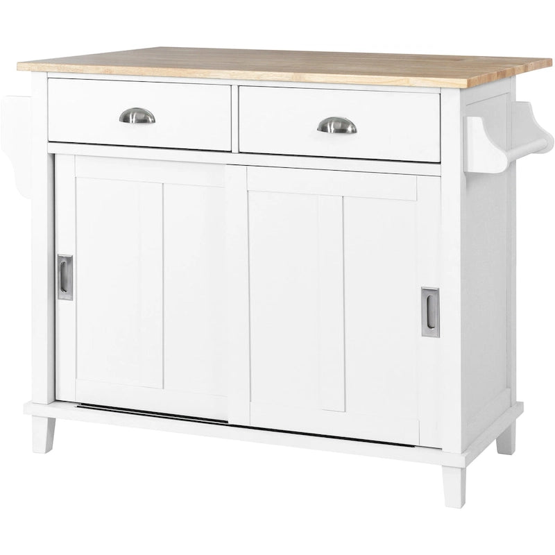 Kitchen Cart with Drop-Leaf Countertop and Sliding Barn Door