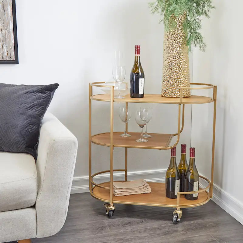 Wood Rolling 3-Shelf Bar Cart with Handles - Gold