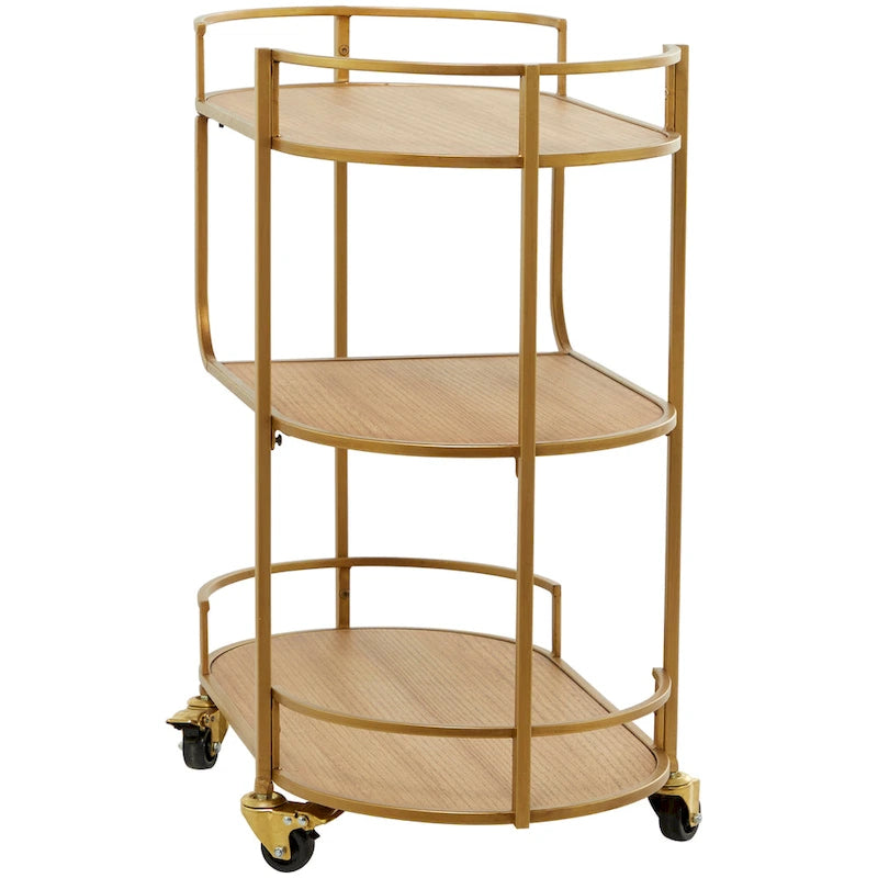 Wood Rolling 3-Shelf Bar Cart with Handles - Gold
