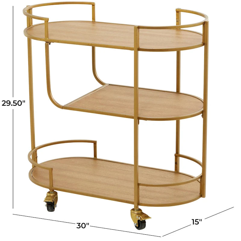 Wood Rolling 3-Shelf Bar Cart with Handles - Gold