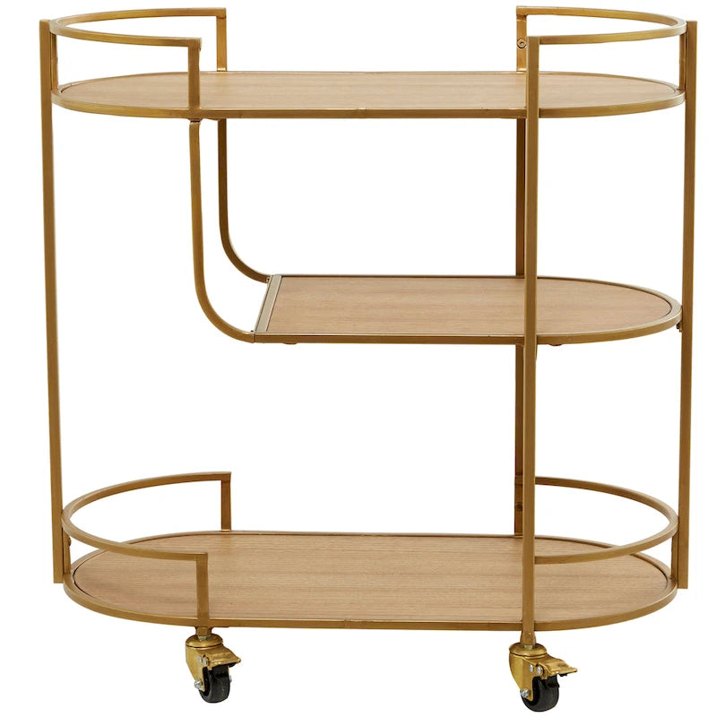 Wood Rolling 3-Shelf Bar Cart with Handles - Gold