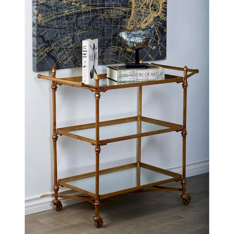 Metal Rolling Bar Cart with 3 Mirrored Shelves and Handles - Brass, 18W x 35L x 33H
