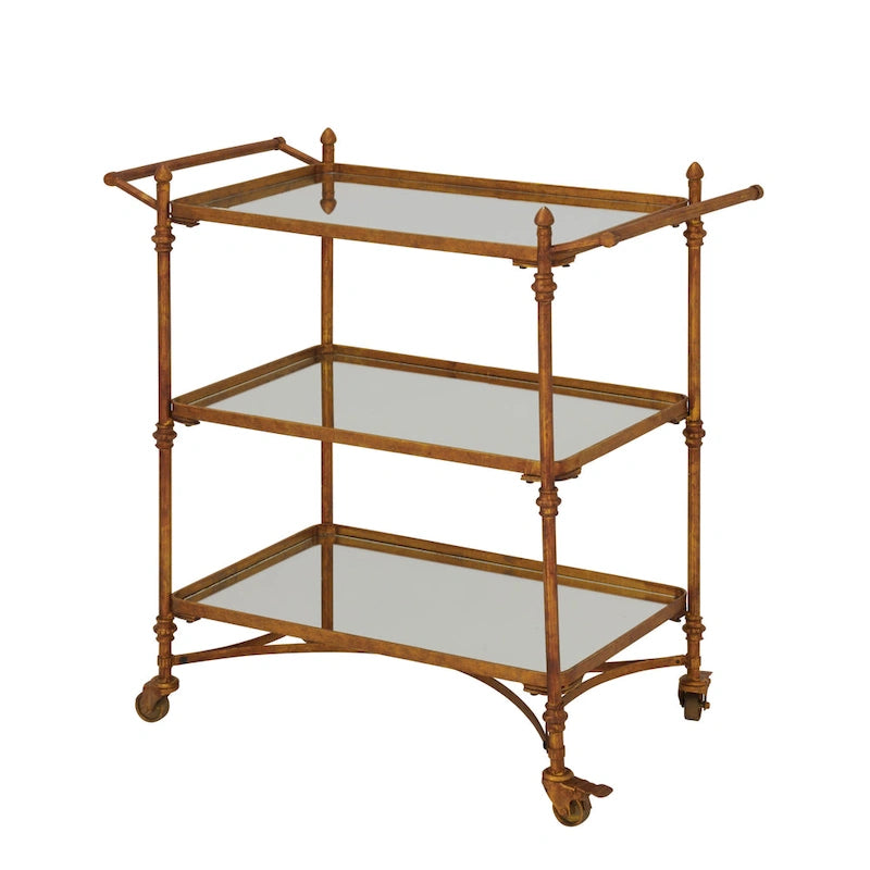 Metal Rolling Bar Cart with 3 Mirrored Shelves and Handles - Brass, 18W x 35L x 33H