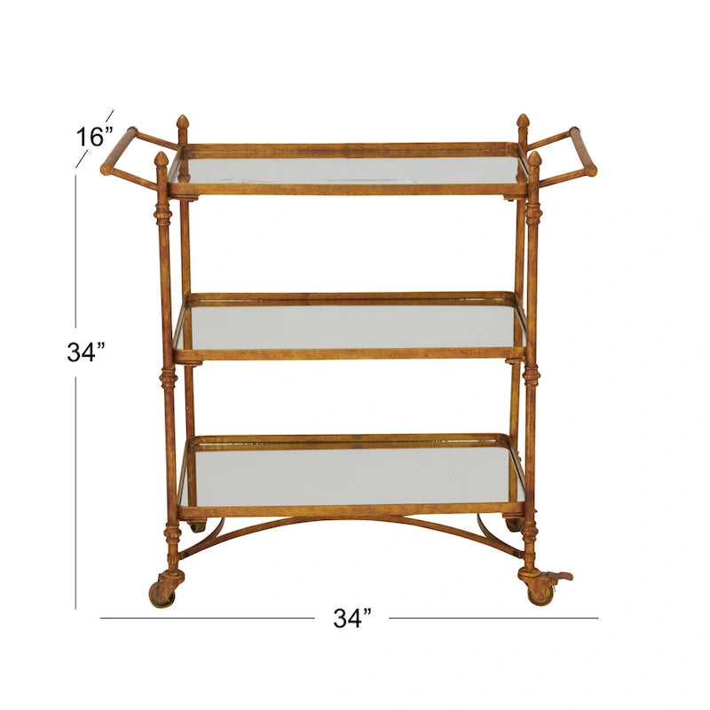 Metal Rolling Bar Cart with 3 Mirrored Shelves and Handles - Brass, 18W x 35L x 33H