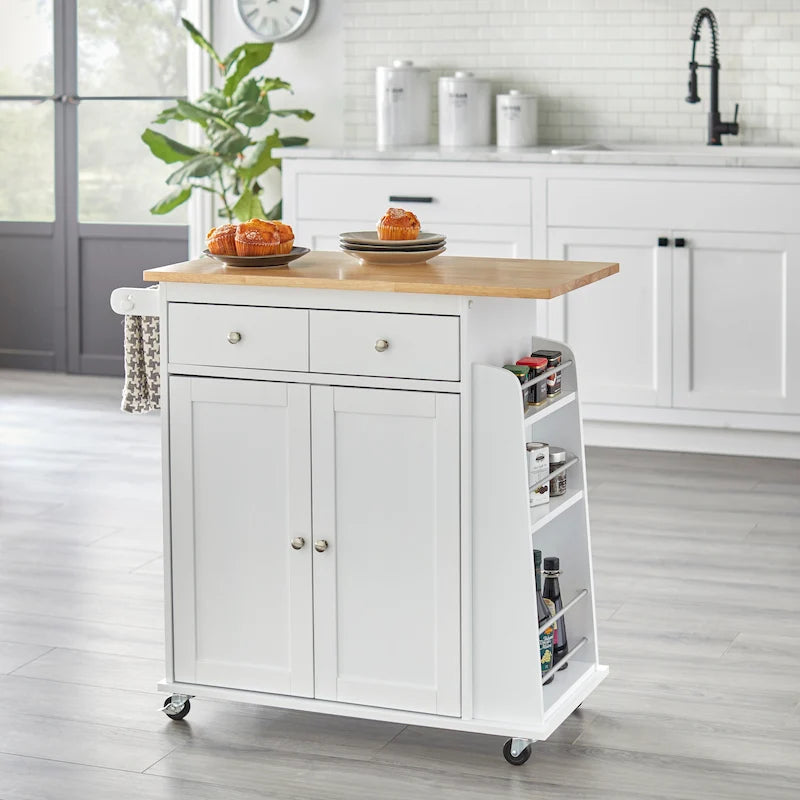 White Kitchen Cart with Storage Cabinets and Casters
