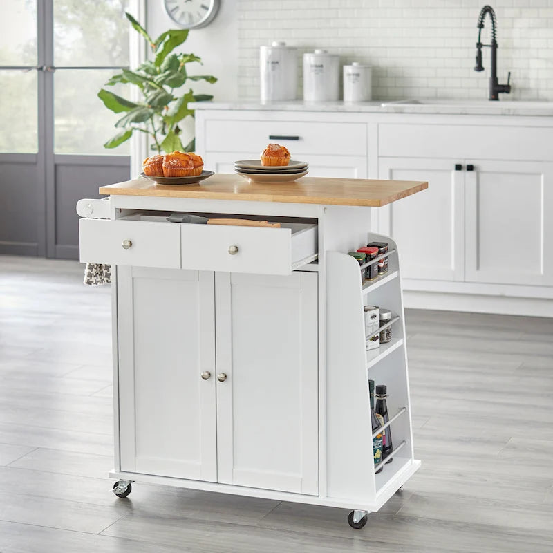 White Kitchen Cart with Storage Cabinets and Casters