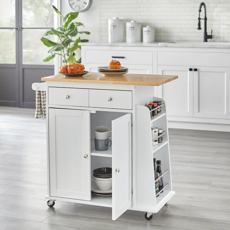 White Kitchen Cart with Storage Cabinets and Casters