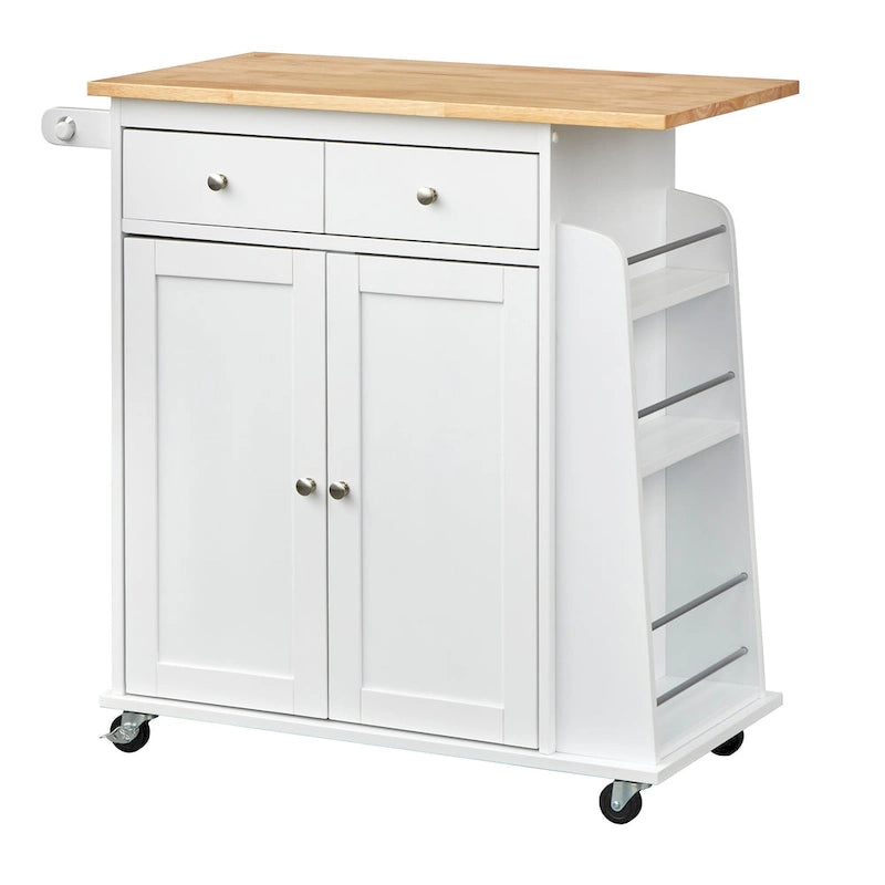 White Kitchen Cart with Storage Cabinets and Casters
