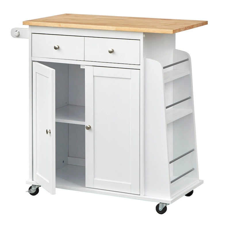 White Kitchen Cart with Storage Cabinets and Casters