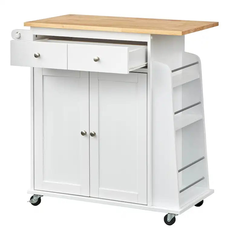 White Kitchen Cart with Storage Cabinets and Casters