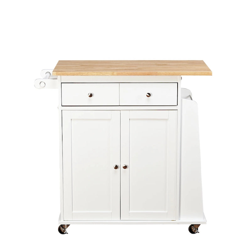 White Kitchen Cart with Storage Cabinets and Casters