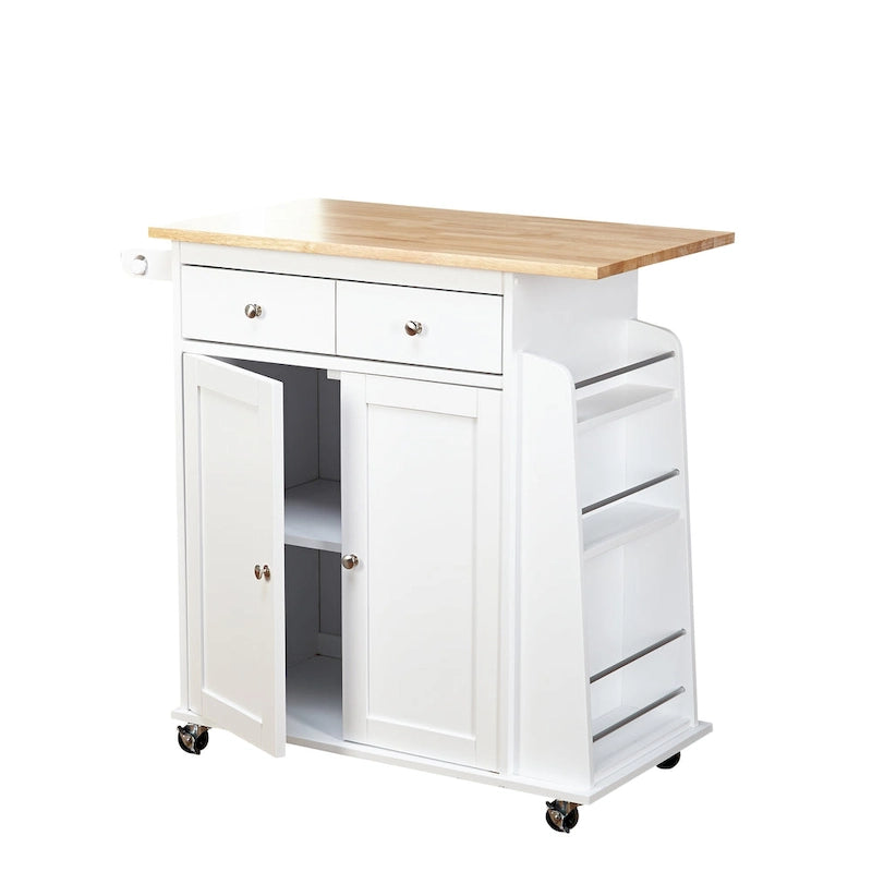 White Kitchen Cart with Storage Cabinets and Casters