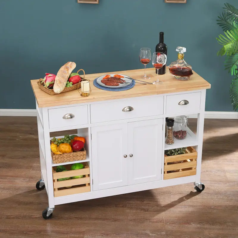 Wood Kitchen Cart with Storage Cabinet on Wheels