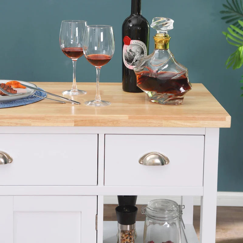 Wood Kitchen Cart with Storage Cabinet on Wheels