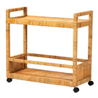 Carrello da cucina moderno in stile boho, in rattan marrone naturale e legno di teak, a 2 ripiani