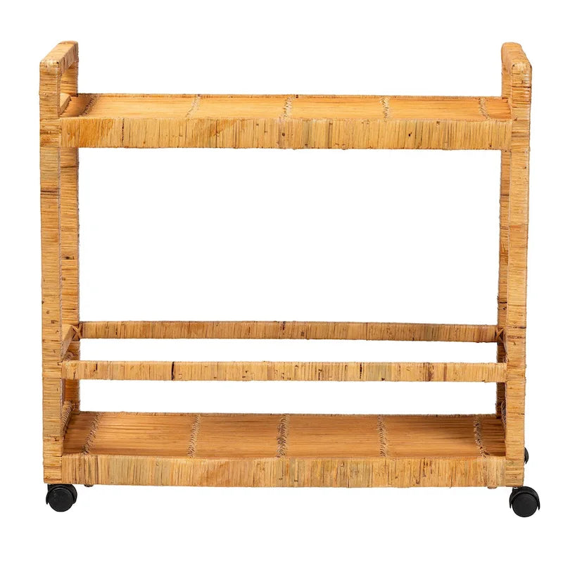 Modern Bohemian Natural Brown Rattan and Teak Wood 2-Tier Kitchen Cart