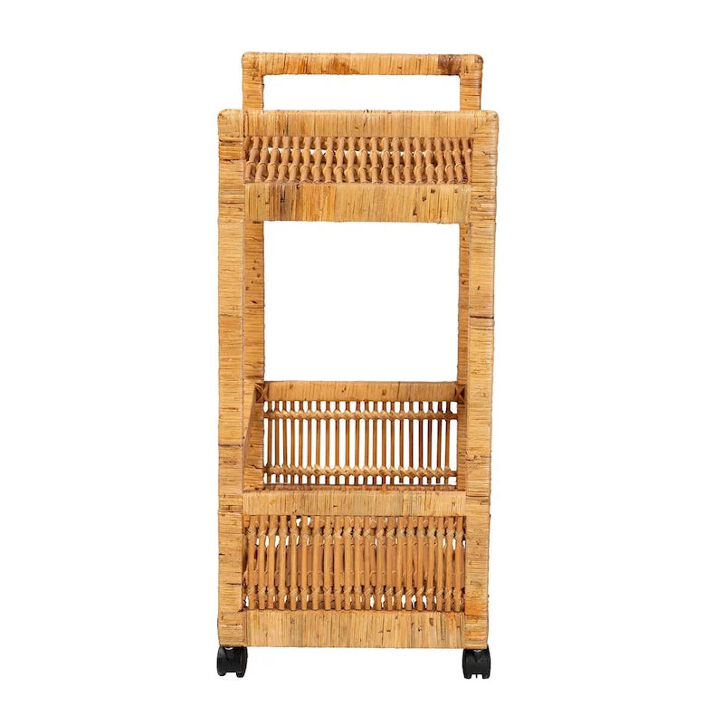Modern Bohemian Natural Brown Rattan and Teak Wood 2-Tier Kitchen Cart