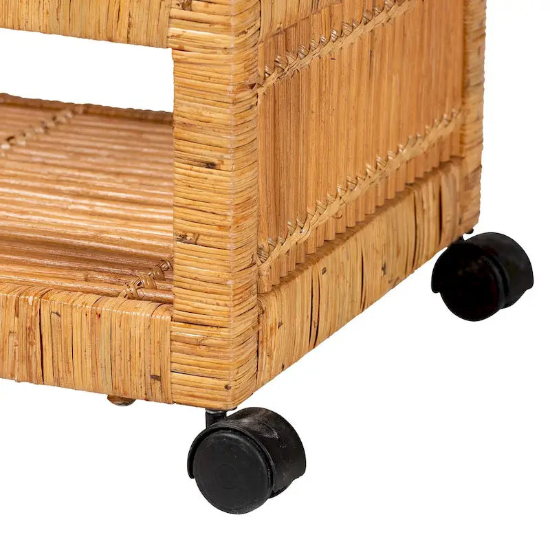Modern Bohemian Natural Brown Rattan and Teak Wood 2-Tier Kitchen Cart