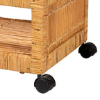 Carrello da cucina moderno in stile boho, in rattan marrone naturale e legno di teak, a 2 ripiani
