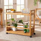 Carrello da cucina moderno in stile boho, in rattan marrone naturale e legno di teak, a 2 ripiani
