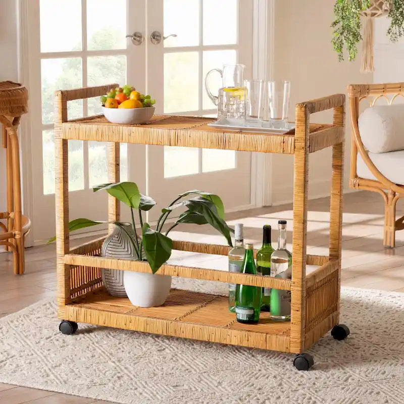 Modern Bohemian Natural Brown Rattan and Teak Wood 2-Tier Kitchen Cart