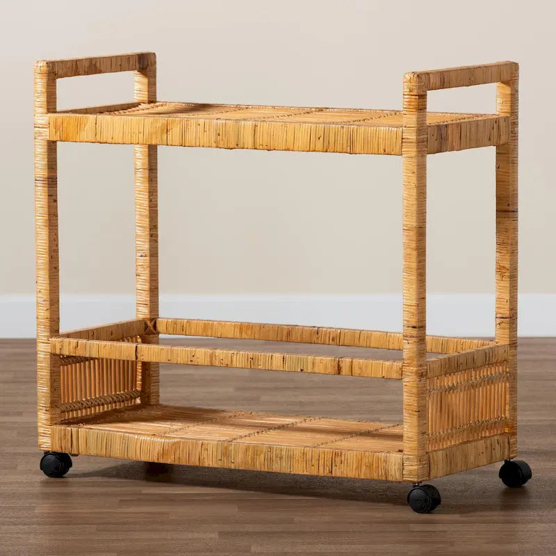 Modern Bohemian Natural Brown Rattan and Teak Wood 2-Tier Kitchen Cart