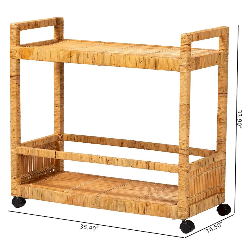 Modern Bohemian Natural Brown Rattan and Teak Wood 2-Tier Kitchen Cart