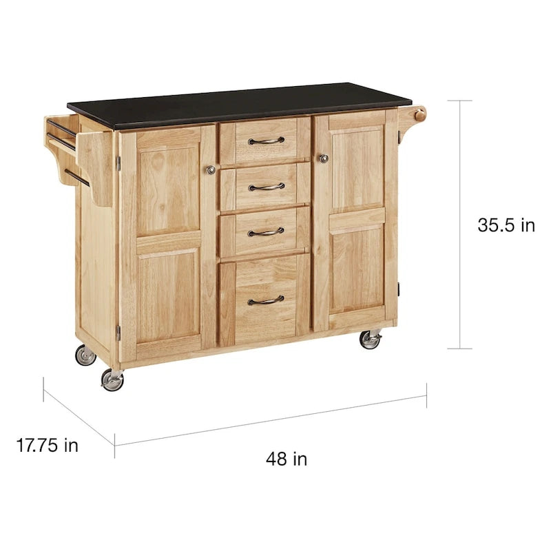 Island Natural Finish Black Granite Top Kitchen Cart