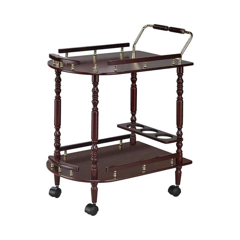 2-Tier Serving Cart with Casters in Merlot and Brass