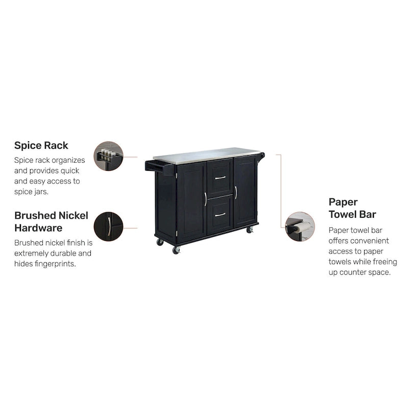 Wood Kitchen Cart with Stainless Steel Top