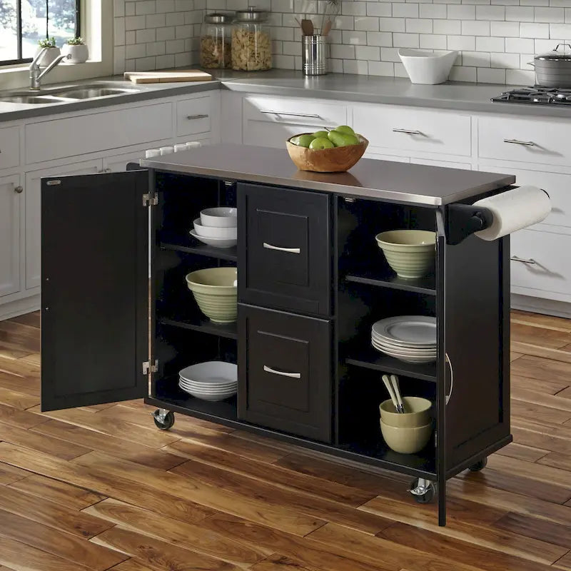 Wood Kitchen Cart with Stainless Steel Top