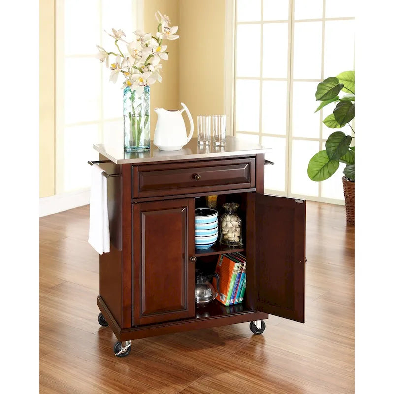 Mahogany Finish Stainless Steel Top Portable Kitchen Cart/Island - 18d x 31w x 35.5h