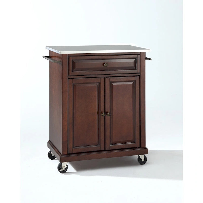 Mahogany Finish Stainless Steel Top Portable Kitchen Cart/Island - 18d x 31w x 35.5h