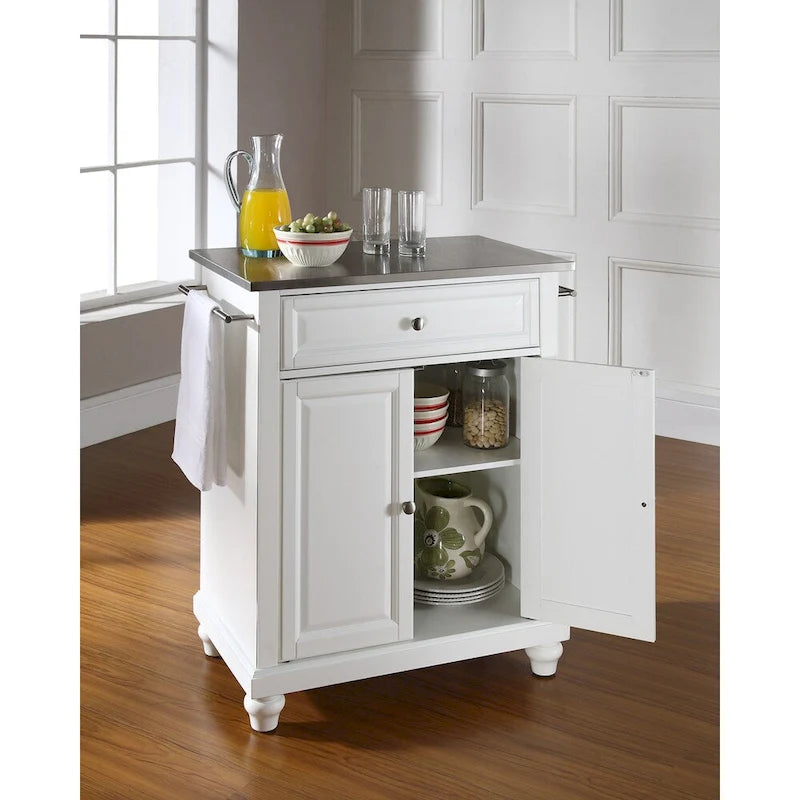 Stainless Steel Top Portable Kitchen Island in White Finish - 18D x 28W x 35H