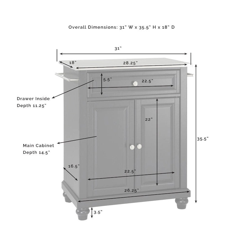 Stainless Steel Top Portable Kitchen Island in White Finish - 18D x 28W x 35H