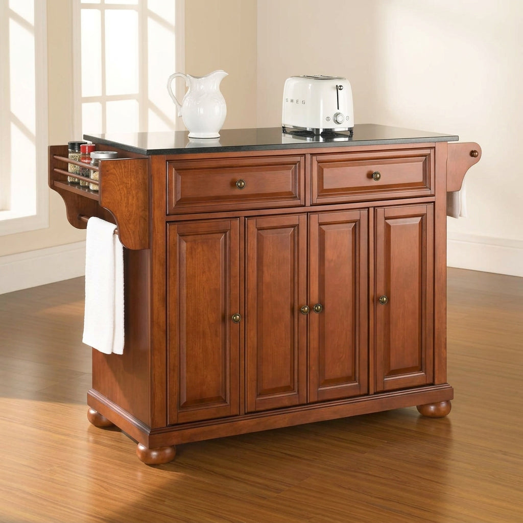 Crosley Alexandria Solid Black Granite Top Kitchen Island in Classic Cherry Finish - 18d x 51.5w x 34h