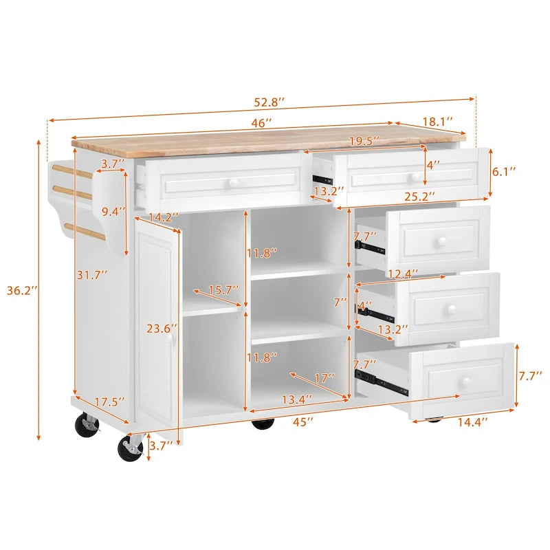 Kitchen Cart with Rubber Wood Desktop, 5 Drawers, Concealed Cabinet & Adjustable Shelves