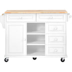 Rubber Wood Desktop Kitchen Cart Featuring Five Drawers, Concealed Cabinet, Adjustable Shelves and Smooth Rolling Wheels