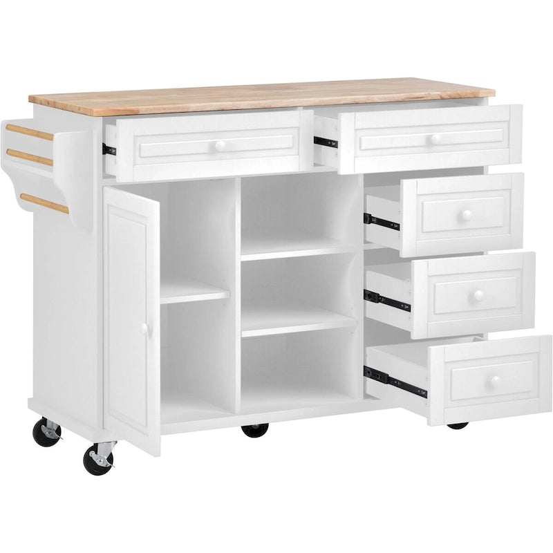 Kitchen Cart with Rubber Wood Desktop, 5 Drawers, Concealed Cabinet & Adjustable Shelves