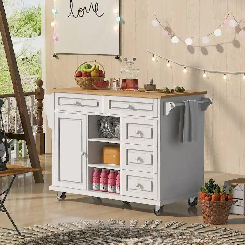Kitchen Cart with Rubber Wood Desktop, 5 Drawers, Concealed Cabinet & Adjustable Shelves