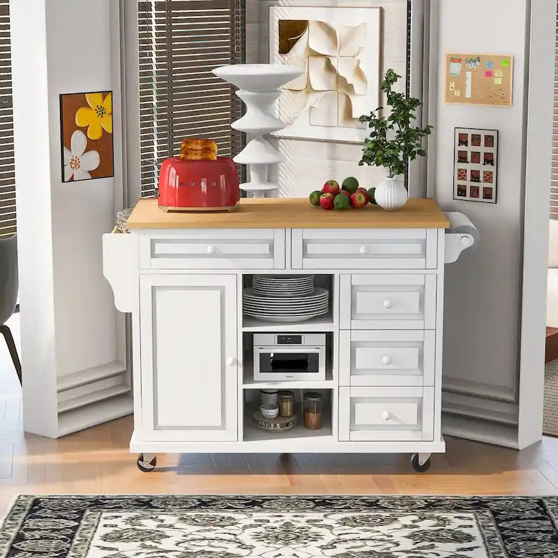 Kitchen Cart with Rubber Wood Desktop, 5 Drawers, Concealed Cabinet & Adjustable Shelves