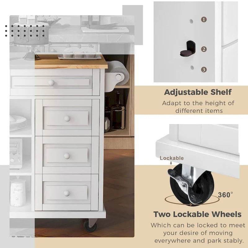 Kitchen Cart with Rubber Wood Desktop, 5 Drawers, Concealed Cabinet & Adjustable Shelves