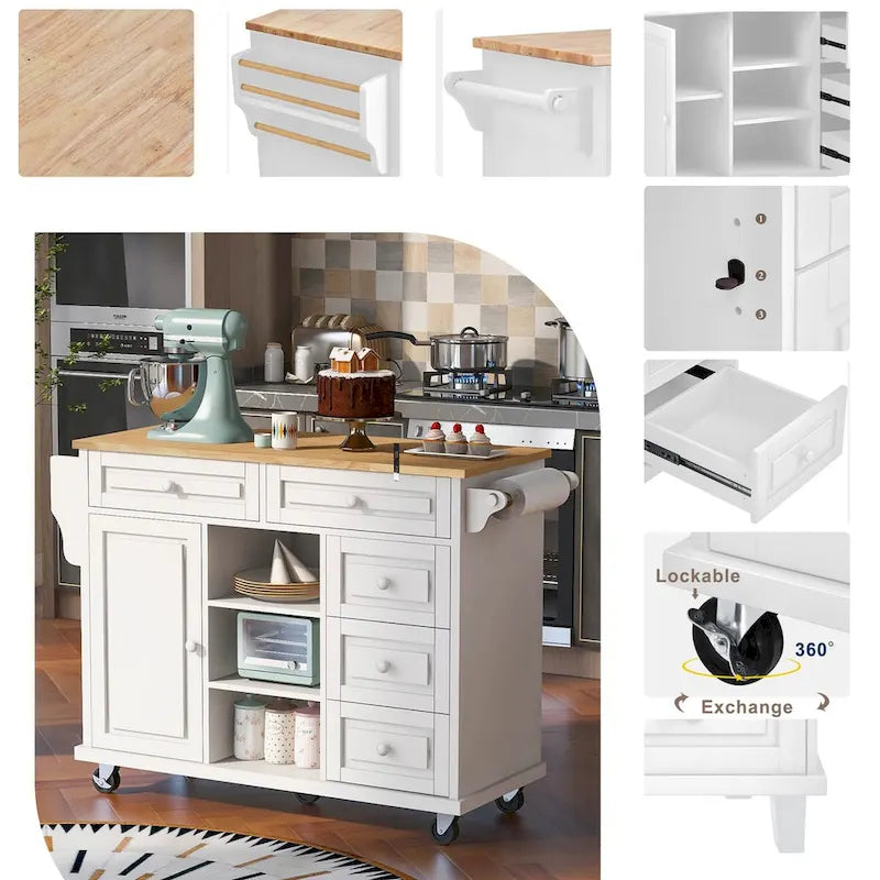 Kitchen Cart with Rubber Wood Desktop, 5 Drawers, Concealed Cabinet & Adjustable Shelves