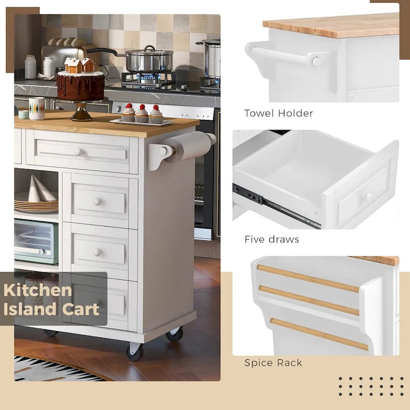 Kitchen Cart with Rubber Wood Desktop, 5 Drawers, Concealed Cabinet & Adjustable Shelves