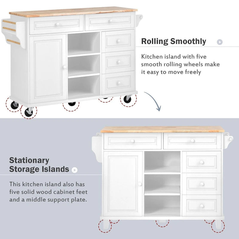 Kitchen Cart with Rubber Wood Desktop, 5 Drawers, Concealed Cabinet & Adjustable Shelves