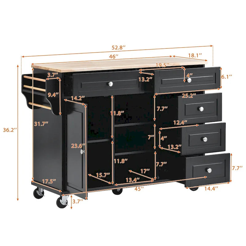 Kitchen Cart with Rubber Wood Desktop, 5 Drawers, Concealed Cabinet & Adjustable Shelves